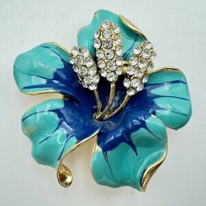 Brooch Pendant Turquoise Dark Blue Sparkling Rhinestones Bauhinia Flower GoldTon